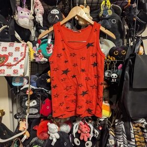 Red Ribbed Star Print Y2K Tank Top